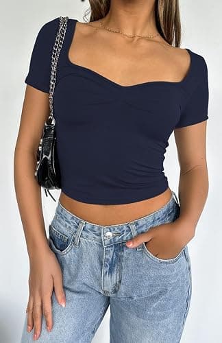 TiulZial Women's Short Sleeve Going Out Crop Top Sexy Pleated Cute Shirt Sweetheart Neck Y2K Ruched Cropped Tops thumbnail 2