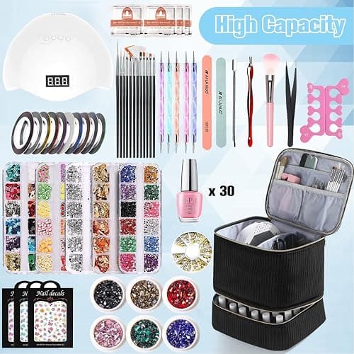 Corduroy Nail Polish Organizer and Nail Lamp Case, Nail Kit Organizer Holds 30 Bottles (15ml - 0.5 fl.oz) and a Nail Lamp, Nail Polish Carrying Case with Manicure Tools Storage Sections (Black) thumbnail 2