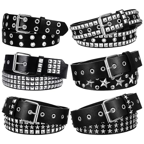 Leooomap 6Pcs Studded Belt Set for Men & Women - Punk Gothic Rivet Faux Leather Belts with Double Grommet, Square Studs, Small & Large Star Designs Adjustable Waist Belt for Jeans Costume Party Gift - Image 1