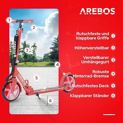 Arebos Cityroller Tretroller Scooter höhenverstellbar | klappbar | inkl. Traggurt | XXL Räder | Tritt-Bremse | für Kinder und Erwachsene | bis 100kg belastbar | Kickroller | Kickscooter thumbnail 3