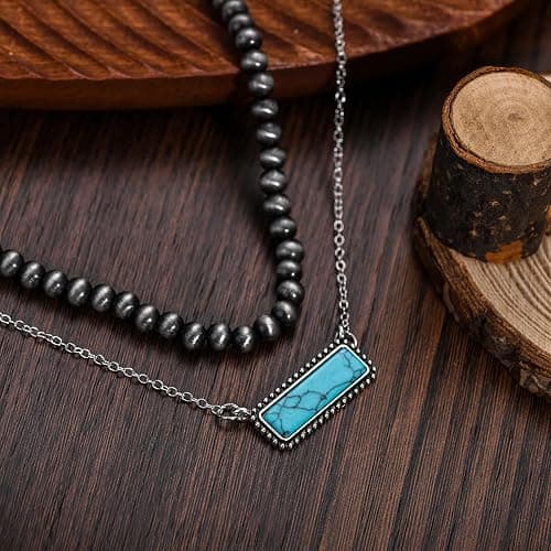 Navajo Pearl Necklace Western Jewelry for Women Turquoise Heart Bar Pendant Necklace Layered Boho Beaded Choker Necklace for Women thumbnail 2
