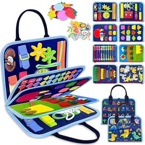 Exorany Busy Board Montessori Toys for Toddler Boy Birthday Gifts, Busy Book Sensory Learning Toys for Toddlers, Toddler Boy Airplane Car Travel Toy Educational Activities - Blue/P8
