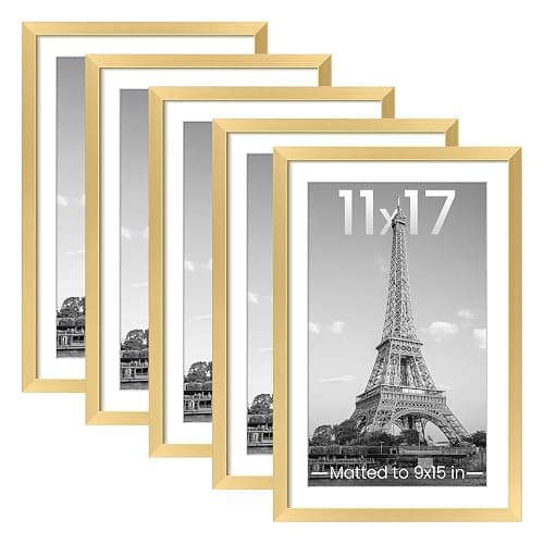 upsimples 11x17 Picture Frame Set of 5, Display Pictures 9x15 with Mat or 11 x 17 Without, Wall Gallery Poster Frames, Gold - Image 1