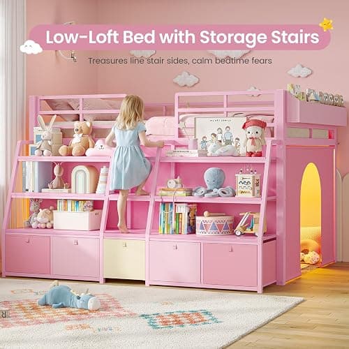 MSmask Low Loft Bed Twin with Stairway Shelf Storage, 5 Drawers, Pink | Heavy Duty Metal Kids Loft Bed with Beside Box Storage, LED Lights, Safety Guardrail, Under-Bed Play Space, Spave Saving thumbnail 6