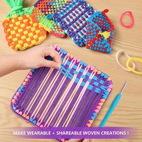 Weaving Loom Kit Toys Crafts - Arts and Crafts for Kids and Adults - Great Birthday Gifts for Girls Ages 6 7 8-12 13 Years Old - Sturdy Frame Potholder Loom Making Kits Portable Box and Craft Loops thumbnail 3
