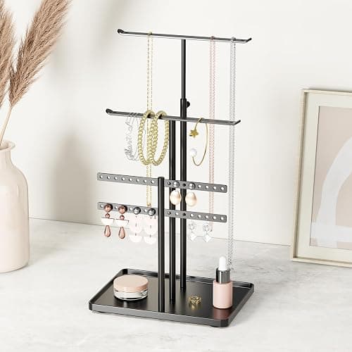 susswiff Jewelry Holder Organizer Stand - Adjustable Jewelry Tree 17.5" Height (Max), Jewlery Hanger for Necklaces, Bracelets, Earrings, Aesthetic for Storage and Display, Metal, Black thumbnail 6