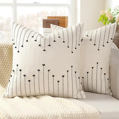 YCOLL Boho Spring Throw Pillow Covers 22x22 Set of 2 Neutral Woven Decorative Pillowcases Cotton Tufted Couch Pillows Modern Farmhouse Cushion Covers for Sofa Couch Bed Living Room Home Decor, Black - Image 1