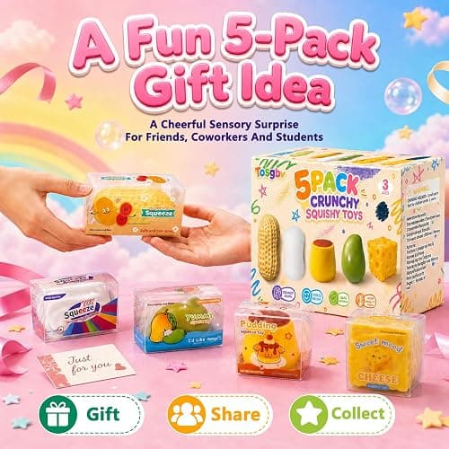 Tosgbv 5 Pack Crunchy Squishy Stress Ball, Peanut Soap Pudding Mango & Cheese ASMR Fidget, Sensory Squeeze Toy with Premium Box, Party Favors & Gifts thumbnail 7