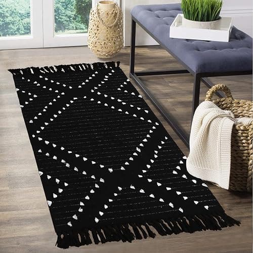 HAOCOO Boho Bathroom Runner Rug 2’ X 4.3’, Black Geometric Washable Woven Cotton Diamond Area Rug, Chic Moroccan Tribal Tassel Kitchen Rug,Throw Floor Mat Carpet Decorative for Living Room Bedroom thumbnail 7