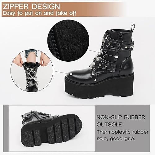 QPAO Women's Fashion Goth Boots,Black Chunky Platform Combat Ankle Booties Zipper Punk Boots Mid Calf Boots for Women thumbnail 5