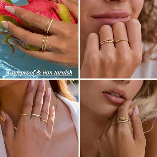 Dainty Stackable Gold Rings for Women Non Tarnish, Stacking 14K Gold Plated CZ Wedding Bands Ring Set, Waterproof Simple Trendy Minimalist Engagement Promise Thumb Pinky Thin Ring Size 5 6 7 8 9 10 11 thumbnail 4