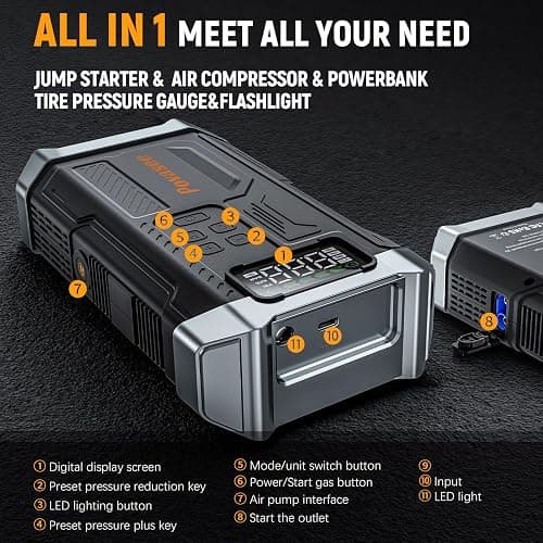 [2025NEW Model] 5000A Jump Starter with Air Compressor,Battery Jumper Starter Portable with 150PSI Tire Inflator 12V Jump Box with LCD Display,Flashlight,Storage Case (Up 9L Gas/8L Diesel Engine thumbnail 5