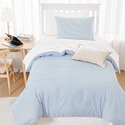 Wake In Cloud - Striped Comforter Set, Ticking Stripe Vertical Pinstripe Neutral Farmhouse Pattern Printed, Soft Lightweight Bedding, 3 Pieces, Blue White, Twin/Twin XL Size thumbnail 3