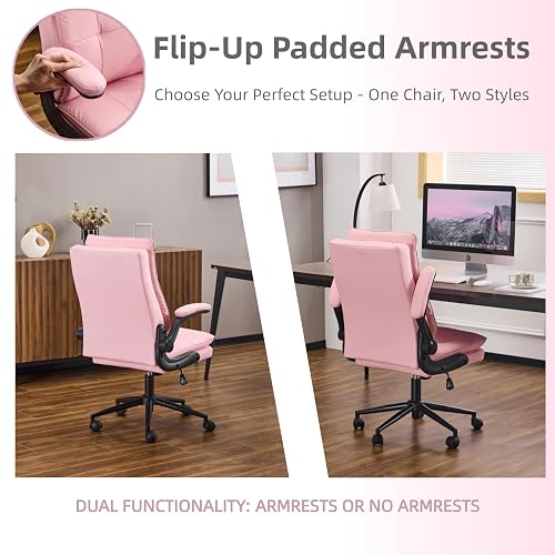 VINGLI Comfy Pink Leather Office Desk Chair,High-Back Ergonomic Computer Small Gaming Chair with/No Wheels,Adjustable Height,Flip-Up Arms,360° Swivel for Vanity,Home Office,Adults,Teen,Girls&Women thumbnail 8