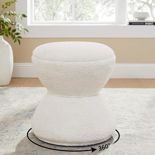 VANOMi Multi-Functional Boucle Ottoman, Vanity Stool Chair, Sturdy Rotating Wooden Footstool, Suitable for Living Room, Bedroom, and Entryway, Without Installation, Swivel, White thumbnail 3