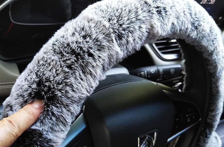 3Pcs/Set Fashion Faux Wool Fur Furry Steering Wheel Cover,Short Hair Soft Fluffy Handbrake Cover,Gear Shift Cover,Universal Thickening Fuzzy Warm Non-Slip Auto Interior (Manual,Black Grey) thumbnail 3