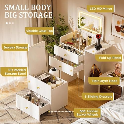 COMHOMA Makeup Vanity Desk with Mirror and Lights, Small 3 in 1 Vanity Table with Visible Glass Top, Flip Top & 3 Drawers, Compact Dressing with Storage Stool for Room or Office thumbnail 4
