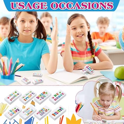 Dunzoom 100 Pcs Inspirational Pencil Erasers Bulk for Kids Fun Motivational Eraser School Supplies Back to School Office Supplies for Classroom Office Teacher Artists (Lovely) thumbnail 6