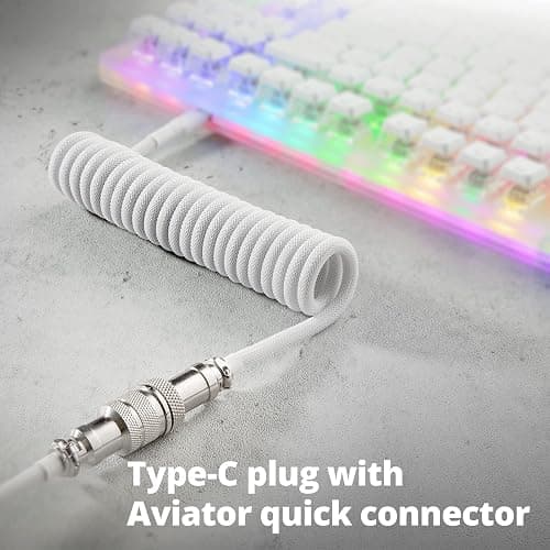 GUNMJO Pro Custom Coiled USB C Cable for Gaming Keyboard, Double-Sleeved Mechanical Keyboard Cable with Detachable Metal Aviator, 1.5M USB-C to USB-A, White Color thumbnail 3