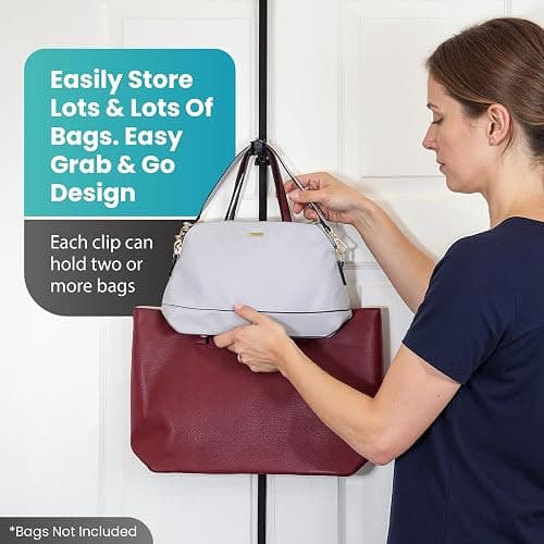 Perfect Curve Handbag and Purse Organizer | Hold up to 18 Bags | Over The Door Organizer for Purses and Handbags | Adjustable Clips | 2 Straps | Black thumbnail 6