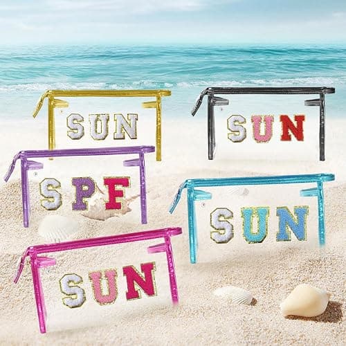 COSHAYSOO Clear Makeup Bag Sunscreen Pouch with Letter Patches Summer Beach Essential Stuff Accessories Birthday Christmas Gifts for Women Mom Teacher Nurse - Blue-SUN thumbnail 6
