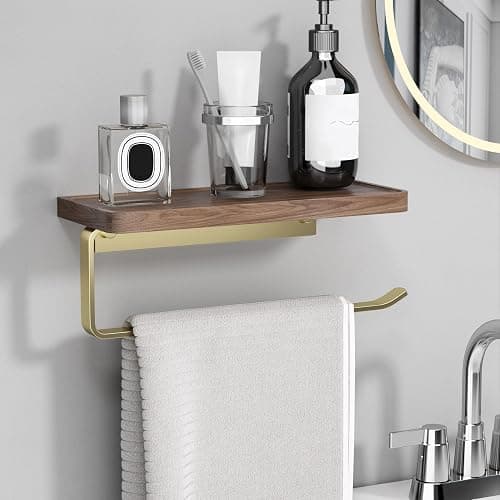 Danpoo Brushed Gold Paper Towel Holder Wall Mount, with Natural Walnut Shelf – Elegant Kitchen & Bathroom Organizer thumbnail 9