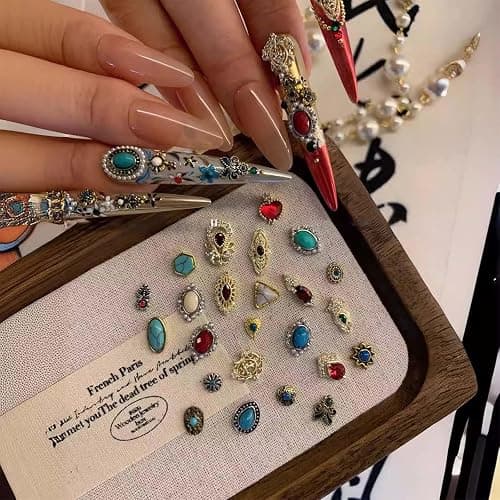 ONPRESS 50Pcs Colorful Rock Nail Charms Retro Metal Bohemia Nail Art Charms Retro Alloy Turquoise Totem Nail Diamonds 3D Western Blue White Pink Marble Gems Jewel Accessories for Manicure Art DIY thumbnail 3