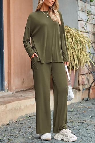 PRETTYGARDEN Women's Two Piece Lounge Sets Matching Long Sleeve Shirts Wide Leg Pants Tracksuits Travel Outfits Fall Clothes thumbnail 6
