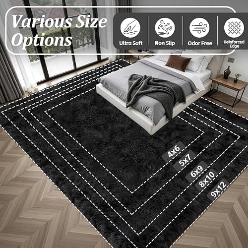 8x10 Area Rugs for Living Room Bedroom: Ultra Soft Fluffy Shag Rug Upgrade Non-Slip Non-Shedding Large Fuzzy Plush Carpet Indoor Floor Carpets for Kids Room Playroom Nursery Dorms Home Decor Black thumbnail 9