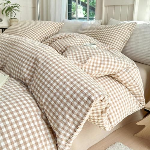 LifeTB Queen Comforter Set Tan Gingham Comforter Modern Style Beige Plaid Comforter Set 3 Pieces Fluffy Grid Checkered Comforter with 2 Pillowcases Boho Gingham Bedding Set Queen Size - Image 1