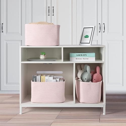 Cotton Rope storage Basket Bins Woven Basket for Organizing Shelves 15X10X9.3" Rectangle Decorative Baskets For storage Clothes Toys Books Towels Nursery basket organizer 3 pack light pink thumbnail 4
