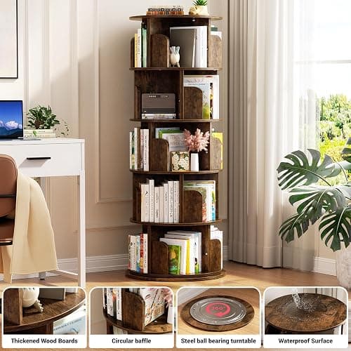 Aheaplus Rotating Bookshelf, 360 Display Wood Spinning Bookshelf Tower, 5 Tier Floor Standing Bookcase Storage Rack, Revolving Bookcase Corner Bookshelfs for Small Space, Study, Bed Room, Rustic Brown thumbnail 4