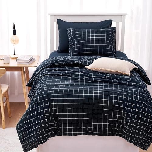 Wake In Cloud - Grid Cotton Duvet Cover Set, Plaid Checkered Geometric Farmhouse, 100% Washed Cotton Textured Bedding Set, 3 Pieces, Navy Blue, Twin/Twin XL Size thumbnail 8