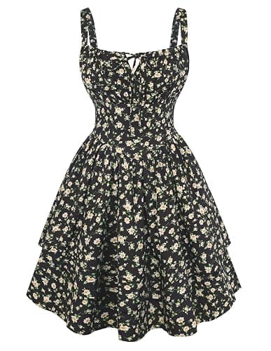 Scarlet Darkness Floral Mini Corset Dress Women Teens Sundress with Pockets | Adjustable Straps, Square Neck, Smocked Back, Zip & Pockets, Dual-Layer Flowy Hem. For Daily, Date, Picnic & Garden Party - Image 1