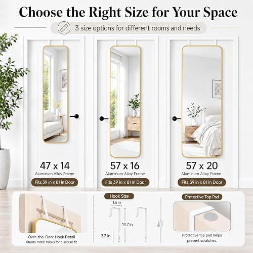 SCWF-GZ 47x14 Full Length Mirror Over the Door Hang or Wall Mounted Gold | HD Clear Tempered Glass,Aluminum Frame Rect Full Body Dressing Make-up Mirrors for Bedroom,Bathroom, Entryway,Living Room thumbnail 8