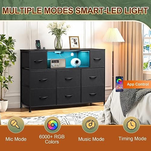 GALAXHERO Black TV Stand for 45, 50, 55 inch TV, TV Media Console Table with LED Lights & Charging Station, Entertainment Center with 8 Fabric Drawers and Open Shelves for Living Room, Hallway thumbnail 5