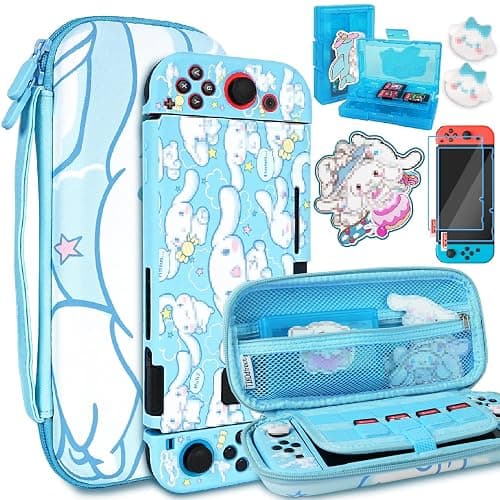 TIKOdirect Carrying Case for Switch, Cute Portable Travel Bag Accessories with Soft Protective Cover, Screen Protectors and Thumb Grip caps, Game Card Case 7in1, Blue - Switch - Blue - Image 1