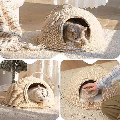 CHEERPALS Cat Cave Bed for Indoor Cats, 3 in 1 Cat House with Washable Cushion and Ball, Scratcher Bed, Cute Rope Bed for Kittens and Large Cat(White) thumbnail 7