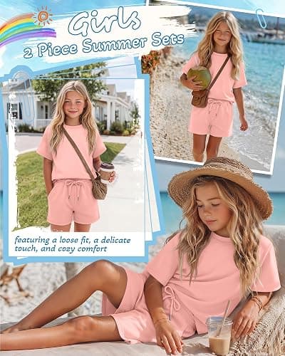 JoyMotion Girls 2 Piece Summer Outfits 5-14y Kids Short Sleeve T-shirt Drawstring Shorts Tween Matching Sets thumbnail 2