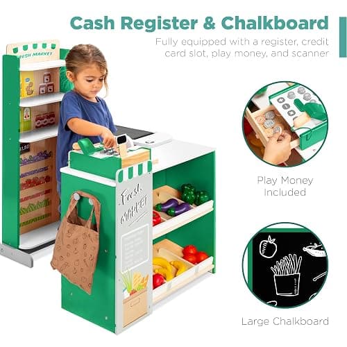 Best Choice Products Pretend Play Grocery Store Wooden Supermarket Toy Set for Kids w/Play Food, Chalkboard, Cash Register, Working Conveyor - Green thumbnail 5