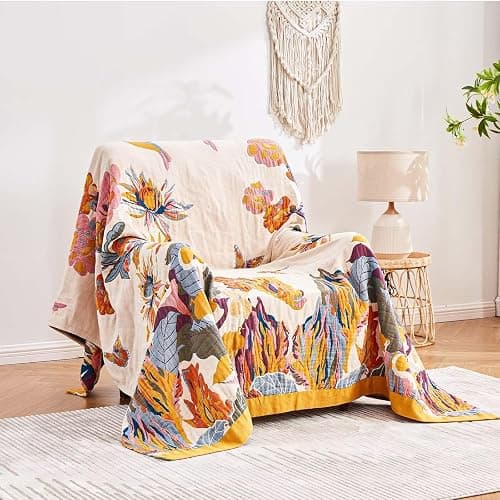 XIBLC Boho Throw Blanket, 100% Cotton Ultra Soft Luxury Throw Rustic Quilt, 60"x80" Floral Bird Butterfly Farmhouse Decor Bed Blankets, All Season Rustic Reversible Bohemian Throw for Bed - Yellow thumbnail 2
