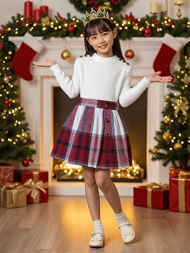 Guodeunh Toddler Girl Clothes,Girls Clothes Skirt Set Puff Sleeve Tops + Plaid Skirt 2 Pcs Fall Winter Outfits thumbnail 4