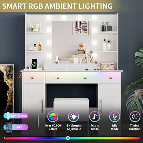 Xixini Vanity Desk with Mirror and Lights, 43'' White Makeup Dressing Table Set with 5 Drawers & Chair, Power Outlet, 3 Lighting Modes Adjustable Brightness & RGB LED for Women Girls Bedroom Bathroom thumbnail 3