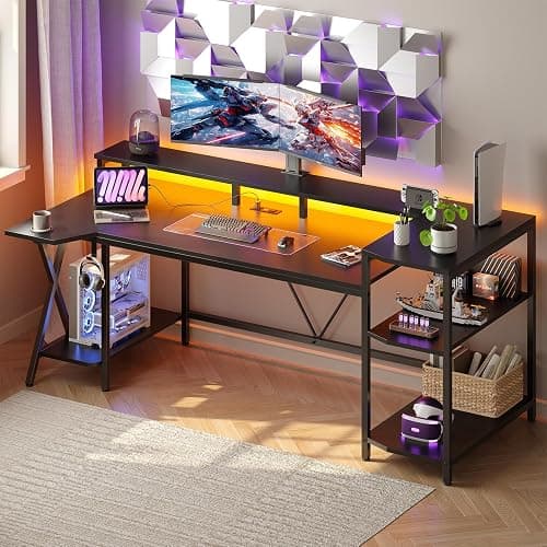 SEDETA Gaming Desk 70.8'' with LED Lights and Storage Shelves, Computer Desk with Monitor Stand, Power Outlets and Cup Holder, Large PC Gamer Desk, Gaming Table for Bedroom, Living Room, Black thumbnail 3