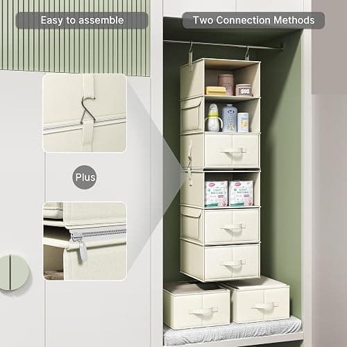 Vailando 6-Shelf Hanging Closet Organizer with 3 Drawers, 2 Separable 3-Shelf Closet Organizers and Storage for Wardrobe Organization, Hanging Dresser for Nursury & Dorm Clothes Organizer, Beige thumbnail 6