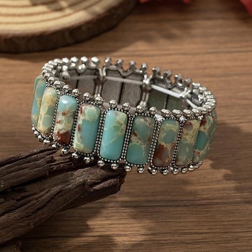 JMScape 4 PCS Western Turquoise Jewelry for Women Boho Vintage Navajo Pearl Necklace Earring Bracelet Ring Set Country Cowgirl Accessories for Gift | Jewelry, 4 PCS, Vintage, Boho, Country, Accessories, for Gift thumbnail 7
