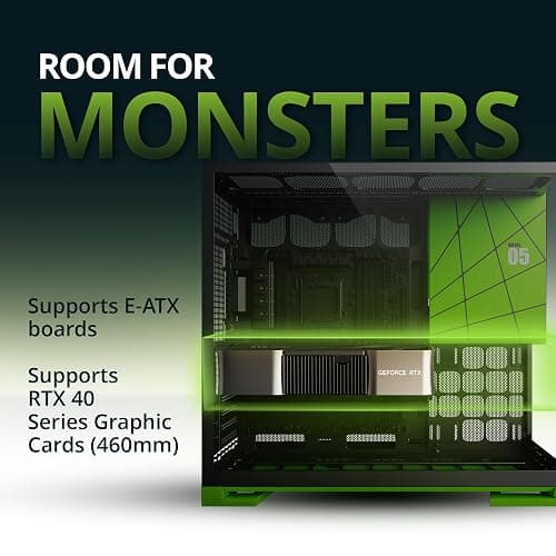 Geometric Future M5 Tempered Glass Mid Tower, E-ATX/ATX Gaming Case, 1.2mm Steel, Type C, Toolless Panels, Support 420/360 Radiator, ARGB PWM 140m Fan x 5 Pre-Installed, Black/Green, GEO-M5F-BNY thumbnail 5