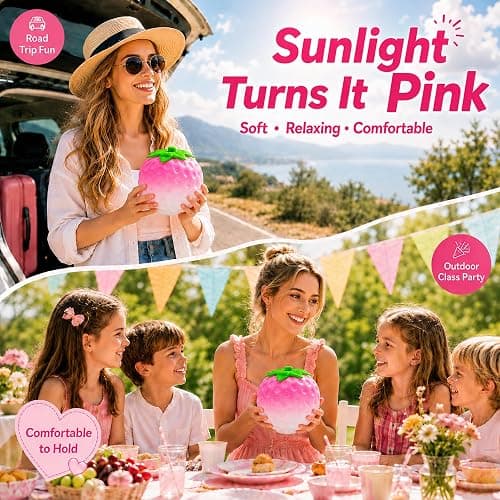 Jumbo Strawberry Squishy,Color Changing Sunlight Activated Squeeze Toy Gift | 5.1in Giant Strawberry Fidget Sensory Toy,White to Pink Color-Changing Slow Rising Fruit Squishy Stress Ball for Party Favors thumbnail 8