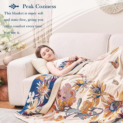 XIBLC Boho Throw Blanket, 100% Cotton Ultra Soft Luxury Throw Rustic Quilt, 60"x80" Floral Bird Butterfly Farmhouse Decor Bed Blankets, All Season Rustic Reversible Bohemian Throw for Bed - Yellow thumbnail 7