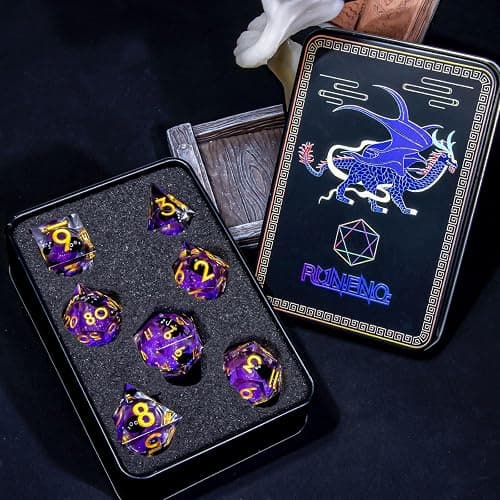 Roycevon Resin DND Dice Set with Gift Box, 7Pcs Liquid Core Cat D&D Dice, Cute Dungeons Dragons D and D Dice, Sharp Edge Role Playing Game Dice D20 D12 D10 D8 D6 D4, Purple thumbnail 6